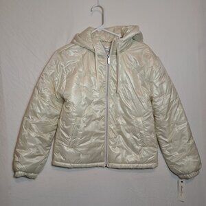 Kenneth Cole Jacket Womens Small Cream Full Zip Puffer Hooded Embroidered‎ NWT